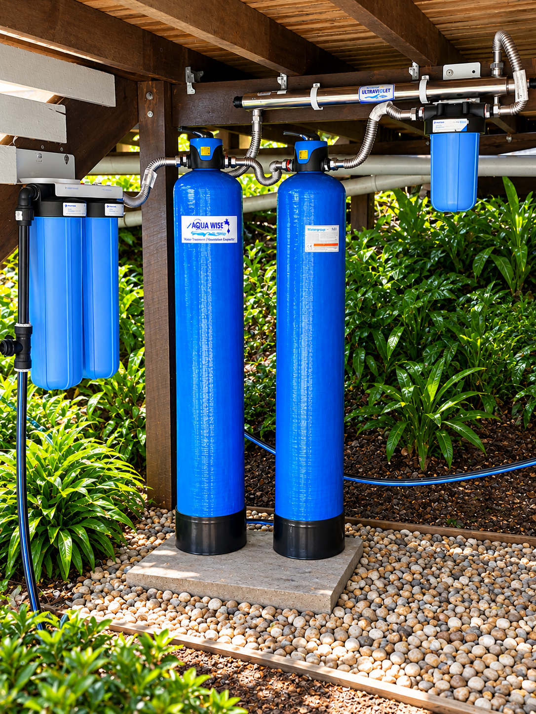 Aqua Wise whole house water filtration system featuring dual media tanks, sediment filters and UV disinfection, installed on the Sunshine Coast.